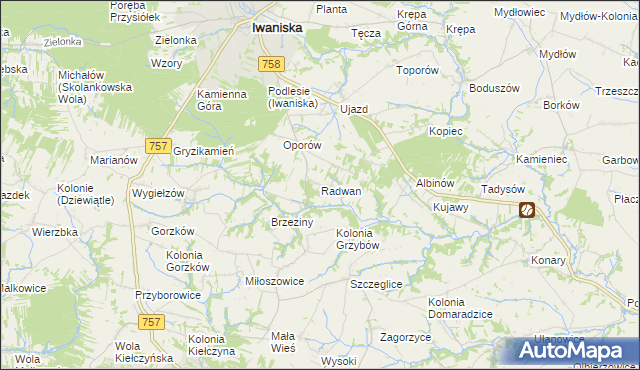 mapa Radwan gmina Iwaniska, Radwan gmina Iwaniska na mapie Targeo