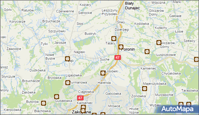 mapa Suche gmina Poronin, Suche gmina Poronin na mapie Targeo