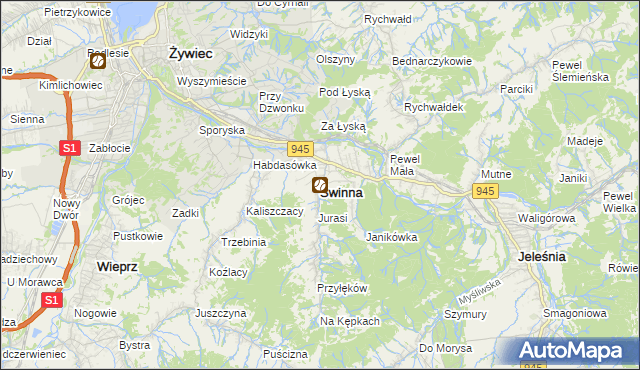 mapa Świnna powiat żywiecki, Świnna powiat żywiecki na mapie Targeo