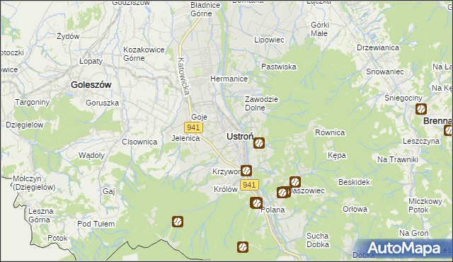 mapa Ustroń powiat cieszyński, Ustroń powiat cieszyński na mapie Targeo