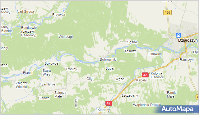 mapa Bobrowniki gmina Działoszyn, Bobrowniki gmina Działoszyn na mapie Targeo