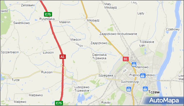 mapa Dąbrówka Tczewska, Dąbrówka Tczewska na mapie Targeo