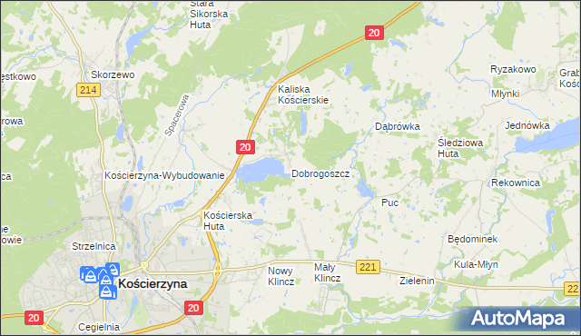 mapa Dobrogoszcz gmina Kościerzyna, Dobrogoszcz gmina Kościerzyna na mapie Targeo