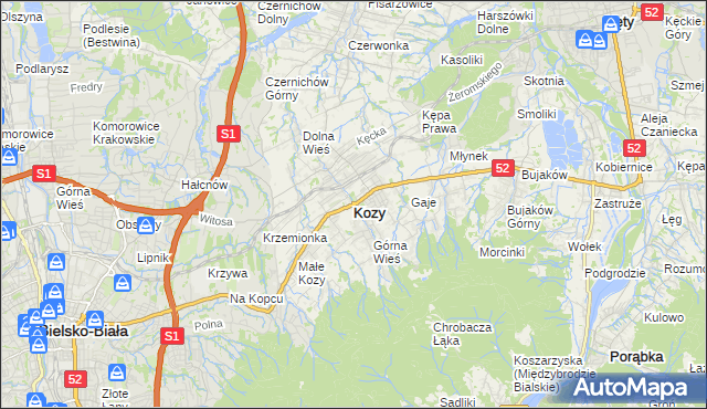 mapa Kozy powiat bielski, Kozy powiat bielski na mapie Targeo