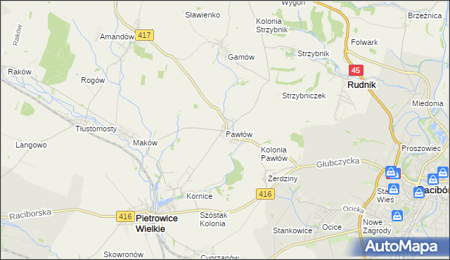 mapa Pawłów gmina Pietrowice Wielkie, Pawłów gmina Pietrowice Wielkie na mapie Targeo