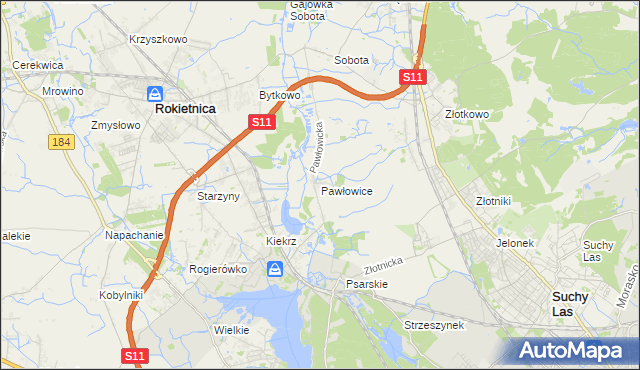 mapa Pawłowice gmina Rokietnica, Pawłowice gmina Rokietnica na mapie Targeo