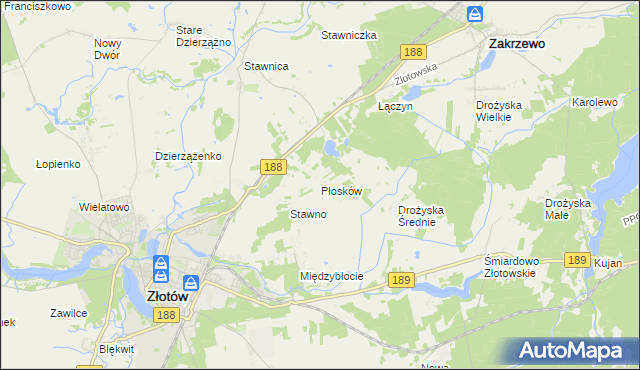 mapa Płosków gmina Złotów, Płosków gmina Złotów na mapie Targeo
