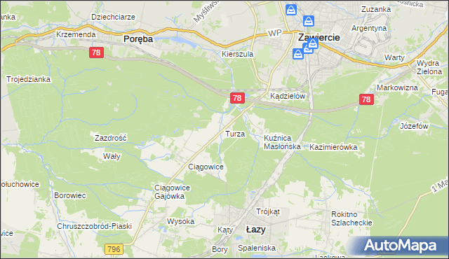 mapa Turza gmina Łazy, Turza gmina Łazy na mapie Targeo