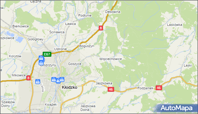 mapa Wojciechowice gmina Kłodzko, Wojciechowice gmina Kłodzko na mapie Targeo