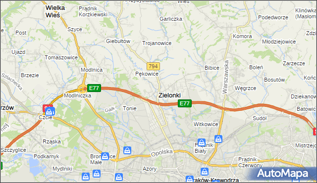 mapa Zielonki powiat krakowski, Zielonki powiat krakowski na mapie Targeo