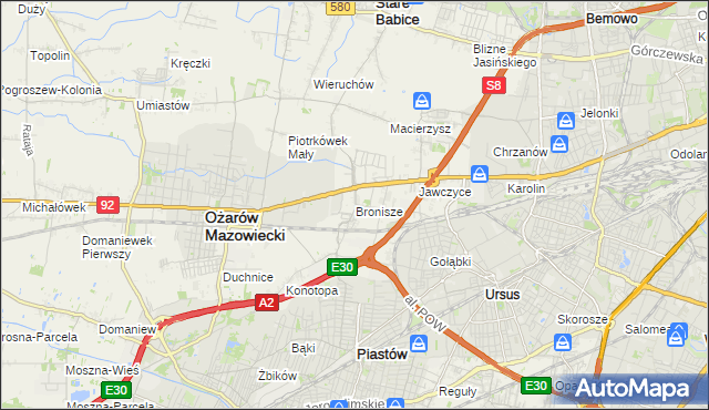 mapa Bronisze gmina Ożarów Mazowiecki, Bronisze gmina Ożarów Mazowiecki na mapie Targeo