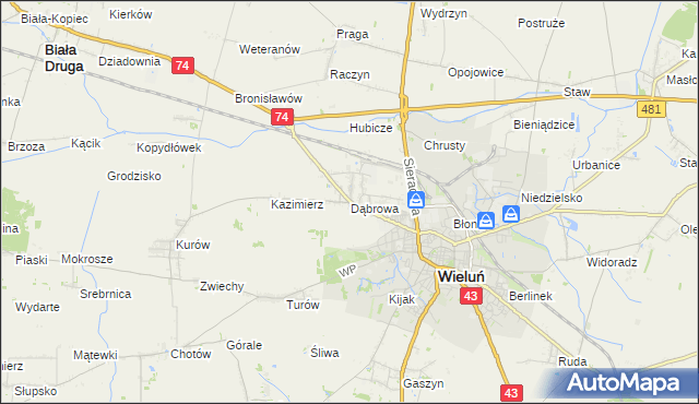 mapa Dąbrowa gmina Wieluń, Dąbrowa gmina Wieluń na mapie Targeo