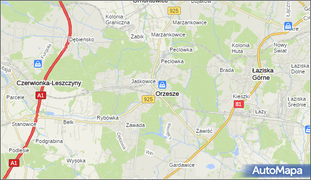 mapa Orzesze powiat mikołowski, Orzesze powiat mikołowski na mapie Targeo