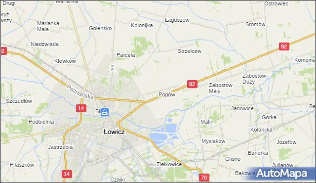 mapa Popów gmina Łowicz, Popów gmina Łowicz na mapie Targeo