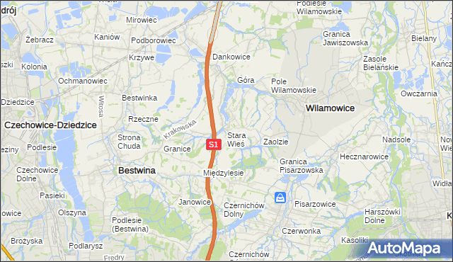 mapa Stara Wieś gmina Wilamowice, Stara Wieś gmina Wilamowice na mapie Targeo