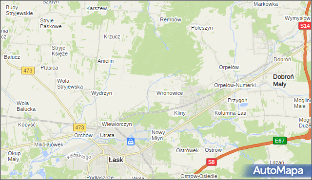 mapa Wronowice gmina Łask, Wronowice gmina Łask na mapie Targeo