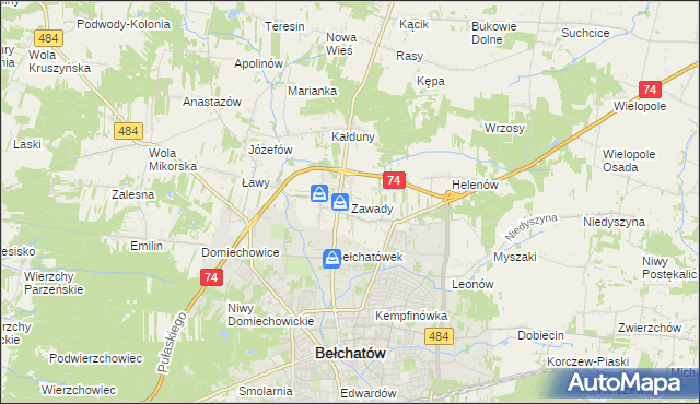 mapa Zawady gmina Bełchatów, Zawady gmina Bełchatów na mapie Targeo