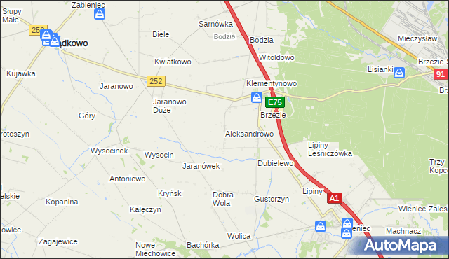 mapa Aleksandrowo gmina Brześć Kujawski, Aleksandrowo gmina Brześć Kujawski na mapie Targeo