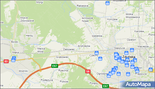 mapa Andrzejów gmina Zduńska Wola, Andrzejów gmina Zduńska Wola na mapie Targeo