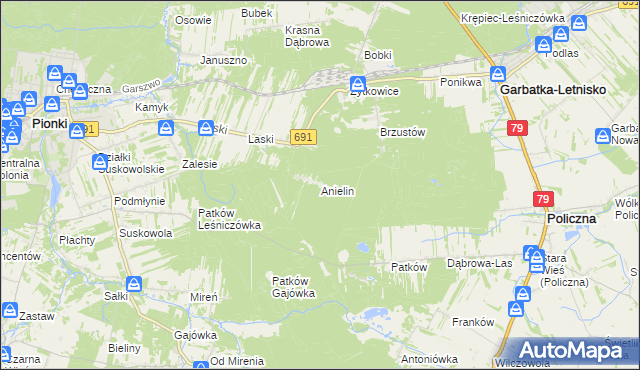 mapa Anielin gmina Garbatka-Letnisko, Anielin gmina Garbatka-Letnisko na mapie Targeo