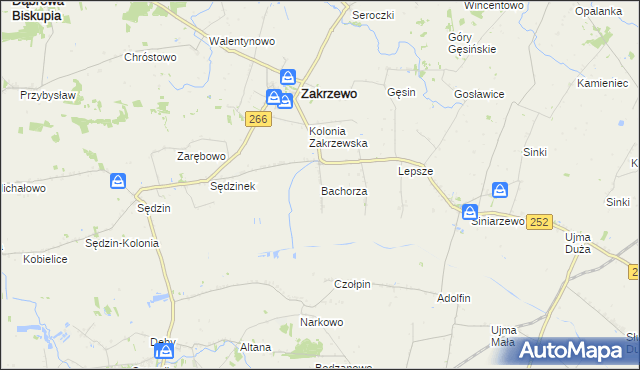 mapa Bachorza gmina Zakrzewo, Bachorza gmina Zakrzewo na mapie Targeo
