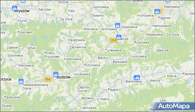 mapa Baczyn gmina Budzów, Baczyn gmina Budzów na mapie Targeo
