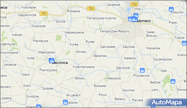 mapa Baranów gmina Skalbmierz, Baranów gmina Skalbmierz na mapie Targeo