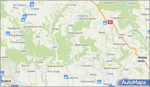 mapa Będkowice gmina Wielka Wieś, Będkowice gmina Wielka Wieś na mapie Targeo