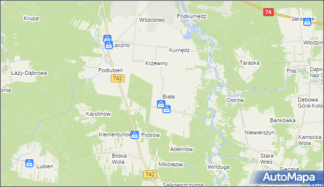 mapa Biała gmina Sulejów, Biała gmina Sulejów na mapie Targeo