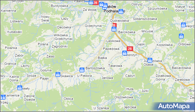 mapa Białka gmina Maków Podhalański, Białka gmina Maków Podhalański na mapie Targeo