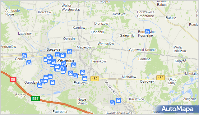 mapa Biały Ług gmina Zduńska Wola, Biały Ług gmina Zduńska Wola na mapie Targeo