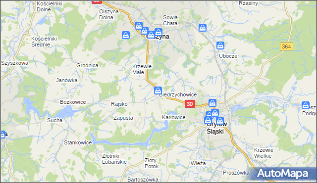 mapa Biedrzychowice gmina Olszyna, Biedrzychowice gmina Olszyna na mapie Targeo