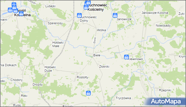 mapa Biele gmina Juchnowiec Kościelny, Biele gmina Juchnowiec Kościelny na mapie Targeo