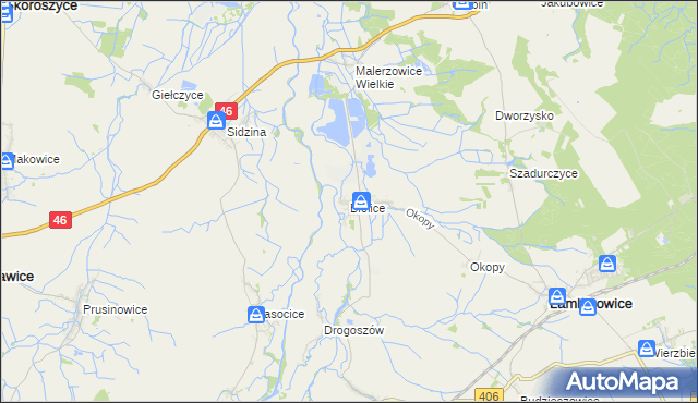 mapa Bielice gmina Łambinowice, Bielice gmina Łambinowice na mapie Targeo