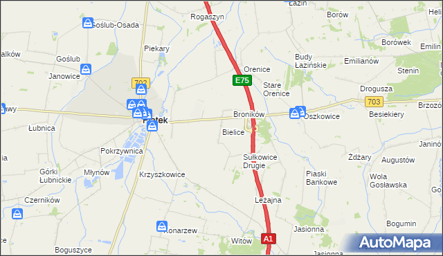 mapa Bielice gmina Piątek, Bielice gmina Piątek na mapie Targeo