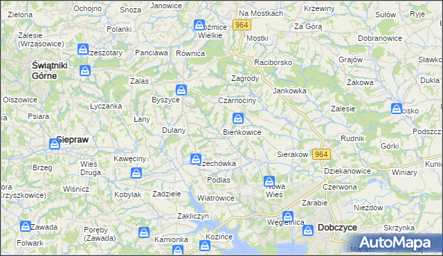 mapa Bieńkowice gmina Dobczyce, Bieńkowice gmina Dobczyce na mapie Targeo