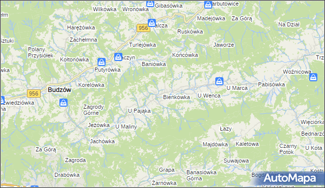 mapa Bieńkówka gmina Budzów, Bieńkówka gmina Budzów na mapie Targeo