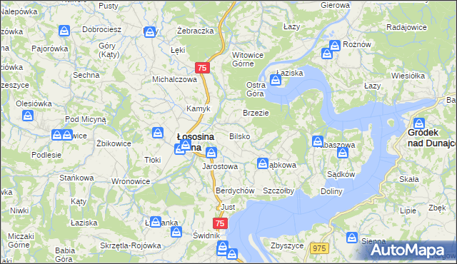 mapa Bilsko gmina Łososina Dolna, Bilsko gmina Łososina Dolna na mapie Targeo