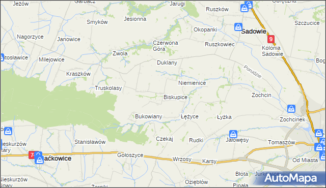 mapa Biskupice gmina Sadowie, Biskupice gmina Sadowie na mapie Targeo