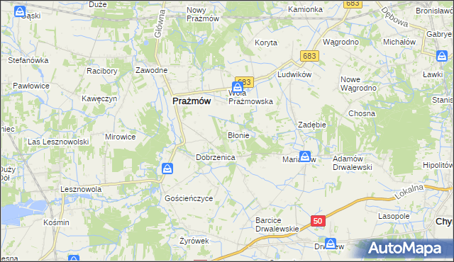 mapa Błonie gmina Prażmów, Błonie gmina Prażmów na mapie Targeo