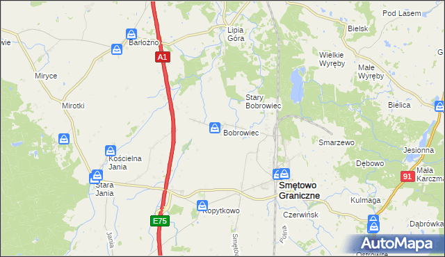 mapa Bobrowiec gmina Smętowo Graniczne, Bobrowiec gmina Smętowo Graniczne na mapie Targeo