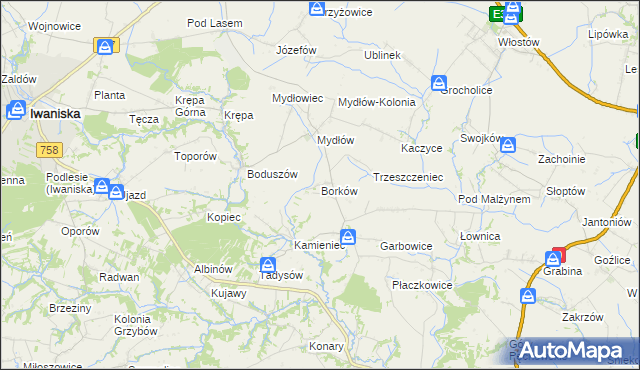 mapa Borków gmina Iwaniska, Borków gmina Iwaniska na mapie Targeo