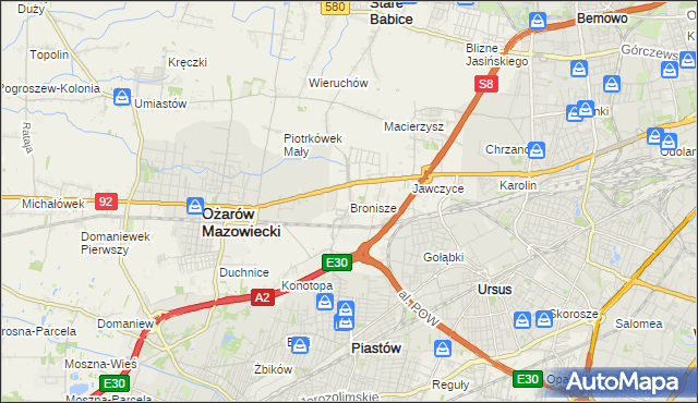 mapa Bronisze gmina Ożarów Mazowiecki, Bronisze gmina Ożarów Mazowiecki na mapie Targeo