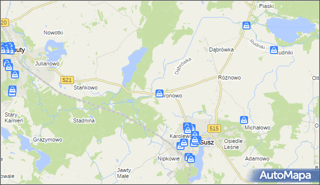 mapa Bronowo gmina Susz, Bronowo gmina Susz na mapie Targeo