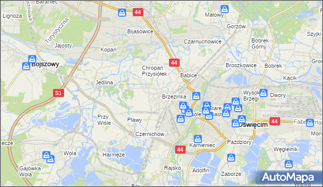 mapa Brzezinka gmina Oświęcim, Brzezinka gmina Oświęcim na mapie Targeo