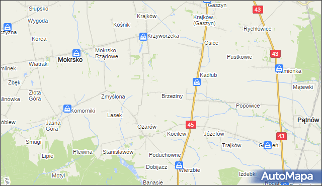 mapa Brzeziny gmina Mokrsko, Brzeziny gmina Mokrsko na mapie Targeo
