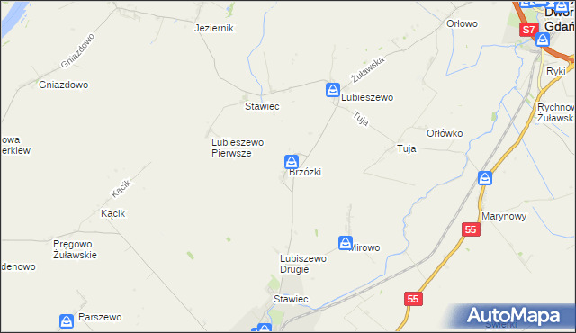 mapa Brzózki gmina Nowy Staw, Brzózki gmina Nowy Staw na mapie Targeo