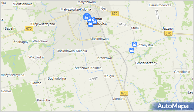 mapa Brzozowo gmina Dąbrowa Białostocka, Brzozowo gmina Dąbrowa Białostocka na mapie Targeo
