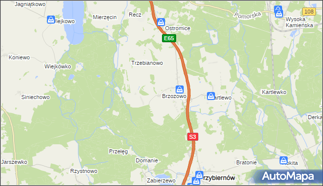 mapa Brzozowo gmina Przybiernów, Brzozowo gmina Przybiernów na mapie Targeo