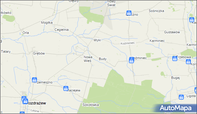 mapa Budy gmina Rozdrażew, Budy gmina Rozdrażew na mapie Targeo
